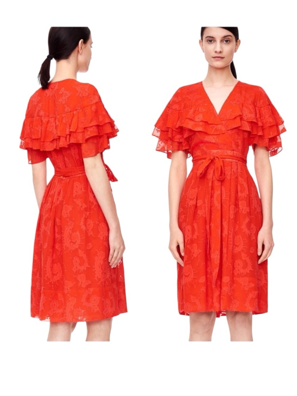 REBECCA TAYLOR Orange Red Ruffle Clipdot Silk Blend Fall Dress 2 Tie Waist Twee - Picture 7 of 7
